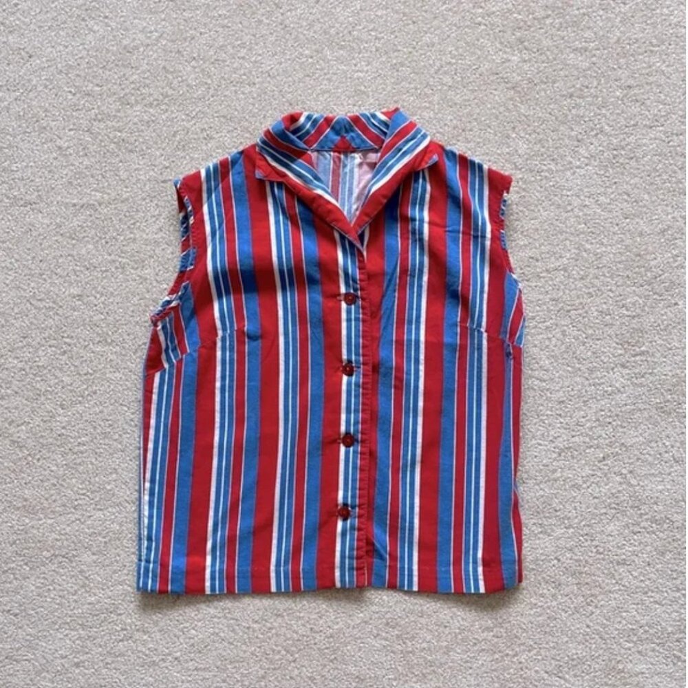 Vintage Top, Blue, White & Red Striped Button Down Tank, Size Small